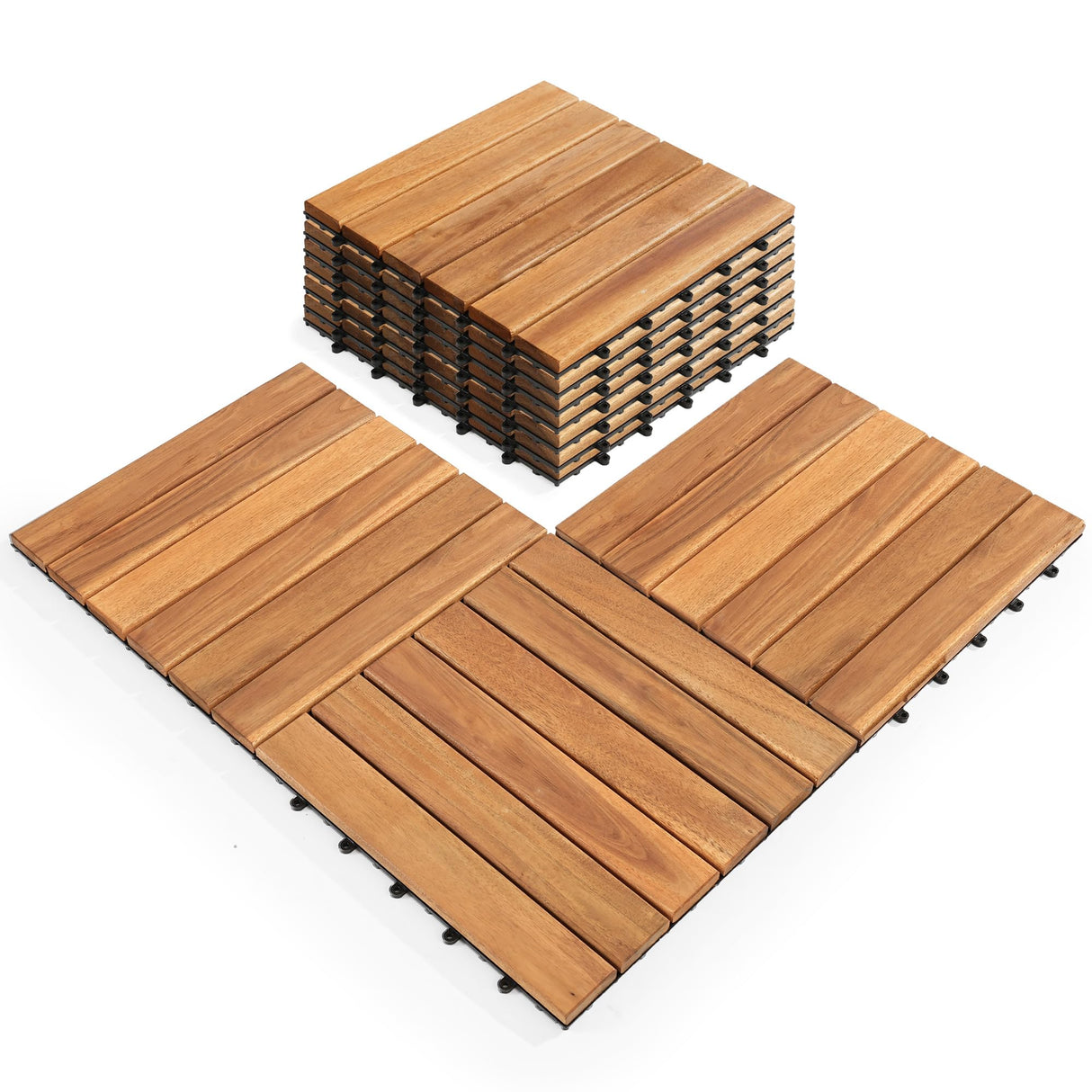 Pack of 10 Deck Tiles - 12"x12" Interlocking Natural Solid Acacia Wood for Outdoor & Indoor, Patio Garden, Balcony, Poolside - Teak Color AN68