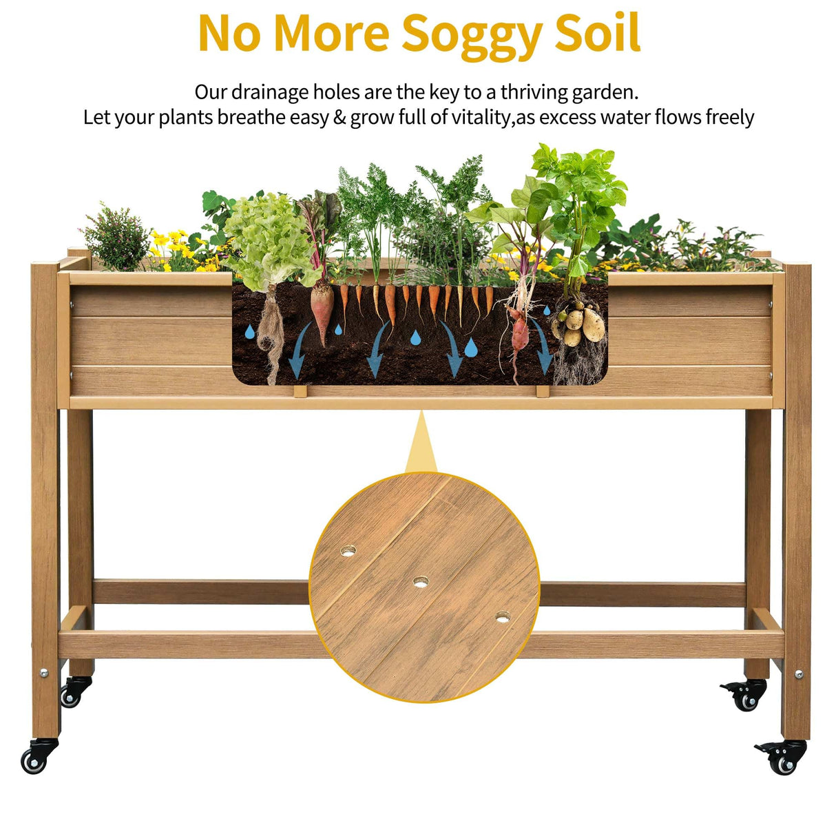 DWVO 47x18x31in Raised Garden Bed, Weather Resistant Poly Wood Planter Box Stand, Planter Box with Legs & Lockable Wheels, Elevated Garden Bed for Backyard Patio Balcony - Brown DWVO