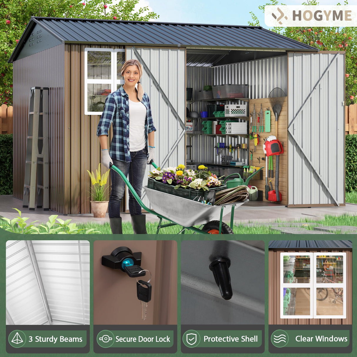 HOGYME 10x10 FT Outdoor Storage Shed, Large Metal Tool Sheds with Updated Frame Structure and Lockable Doors, Garden Shed for Backyard Garden Patio Lawn, Brown HOGYME