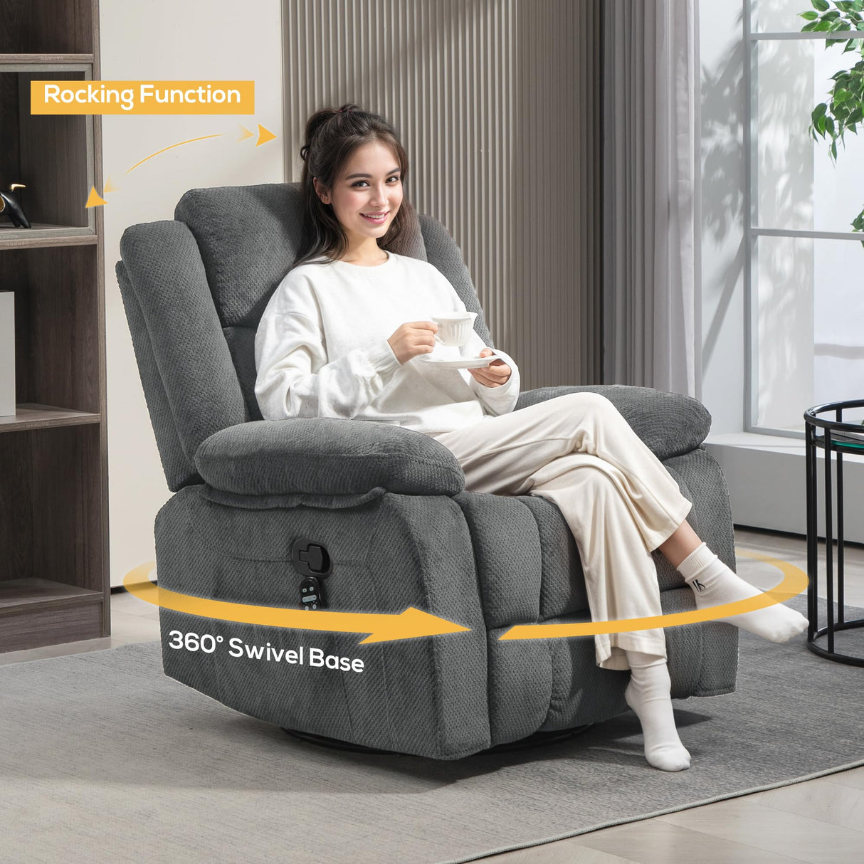 HOMCOM Recliner Chair with Vibration Massage and Heat, Oversized Swivel Rocker Single Sofa with Footrest, Remote and Side Pockets, Velvet Fabric Manual Reclining Chair for Living Room, Gray HOMCOM