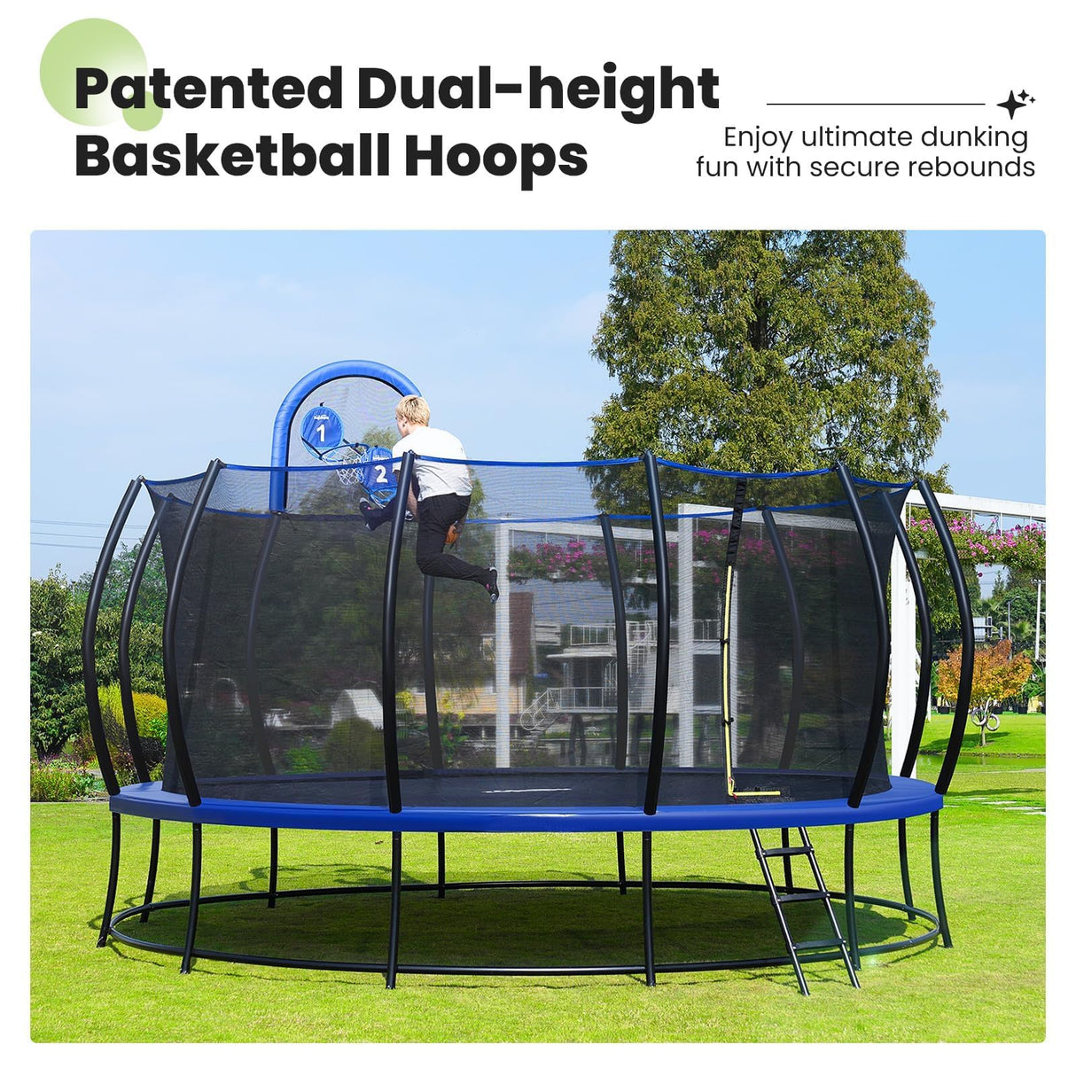 Zupapa 1800LBS Weight Capacity 2025 Double Frames Trampoline with No-Gap Design Curved Poles 16 15 14 12FT Trampolines for Kids with Enclosure Net Outdoor Trampolin for Children Adults Family Zupapa