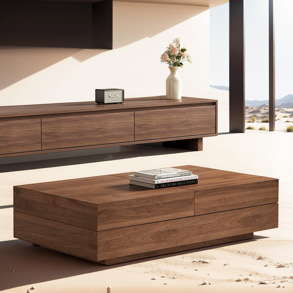 Mid-Century Modern Expandable Coffee Table (47.2"-81.8" Adjustable Centerpiece),Center Table with Large Storage for Living Room Living Rooms, Bedrooms, or Lounge Spaces,Walnut NessCarsti