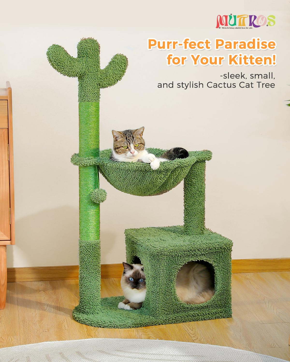 MUTTROS Cactus Cat Tree 40" Cat Tower with Large Metal Carpet Hammock, Cat Scratching Post for Indoor Cats with Condo& Dangling Ball, Green MUTTROS