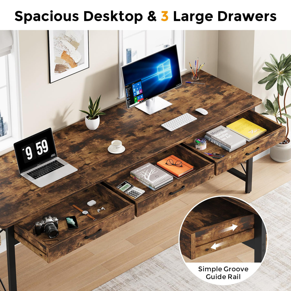 Condemo 78.7 inch Extra Long Computer Desk, Two Person Desk with 3 Drawers, Double Desk with Hooks, Industrial Writing Study Table Workstation for Home Office, Rustic Brown and Black Condemo