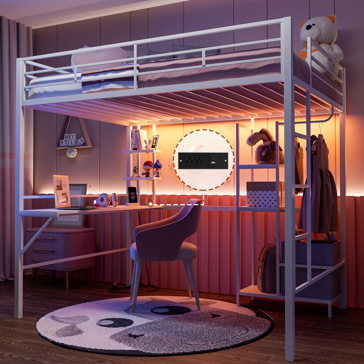 IKIFLY Metal Twin Loft Bed with Desk and Storage Shelves, LED Lights & Charging Station, Loft Bed Frame with 13.4” Guardrail and Ladder, Large Fabric Basket, Clothes Rail, No Box Spring Needed, White IKIFLY