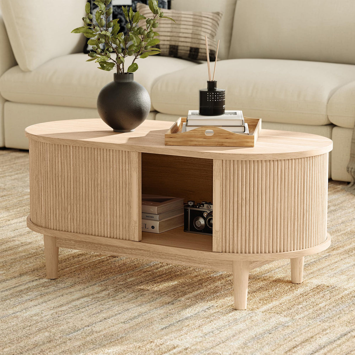 LINSY HOME Mid Century Modern Coffee Table with Sliding Tambour Door, Fluted Accent Center Table with Storage, Oval Small Coffee Table for Living Room, Oak LINSY HOME