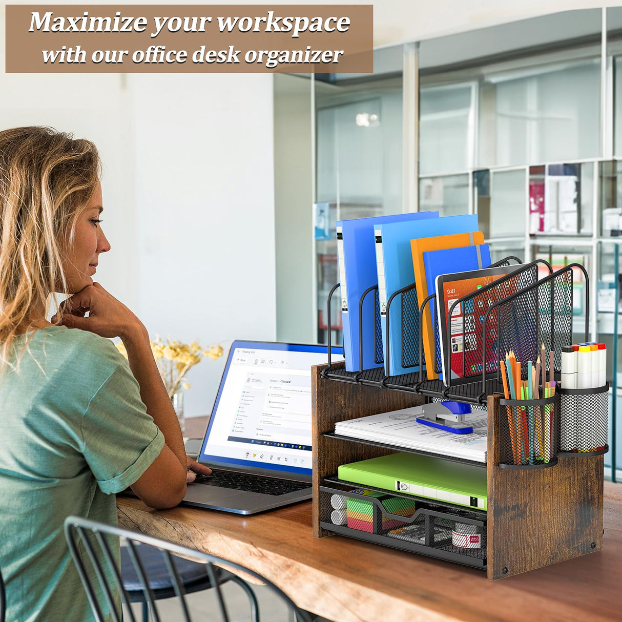 DAOUTIME 4-Tier Mesh Desk Organizer, Wooden Desk File Organizer with 5 Vertical File Holders and 2 Pen Holders, Desktop Organizer with Drawer, Desk Organizers and Accessories for Home Office DAOUTIME