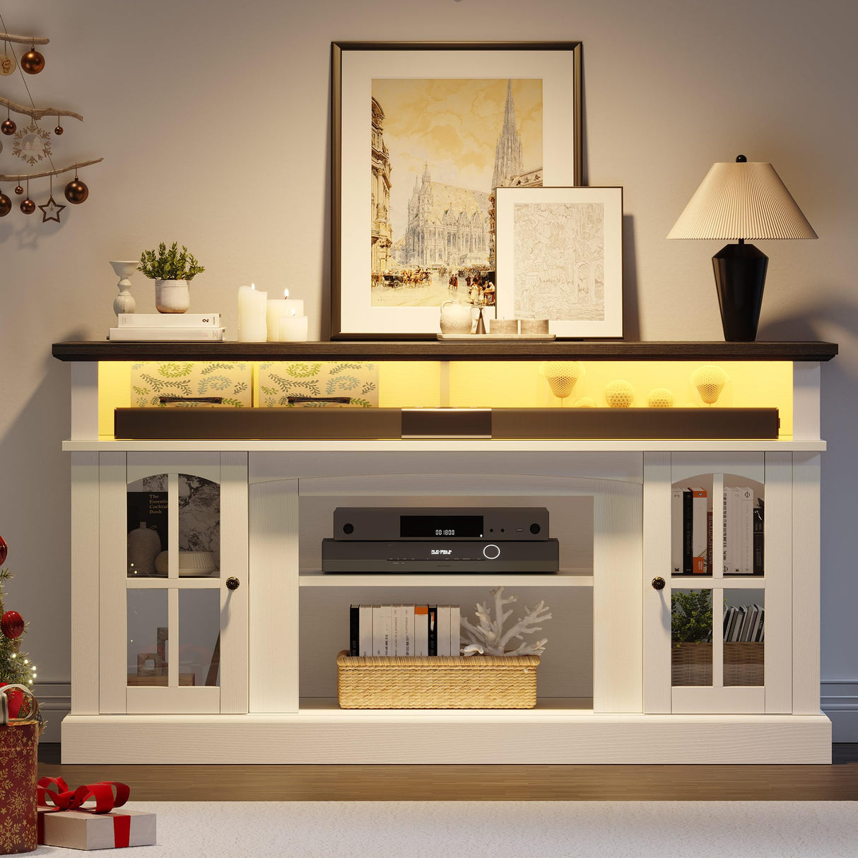 YITAHOME LED Farmhouse TV Stand for 65 Inch w/Outlets, Modern Entertainment Center with Glass Doors and Adjustable Storage Shelves, Media Console TV Cabinet for for Living Room, White/Black YITAHOME