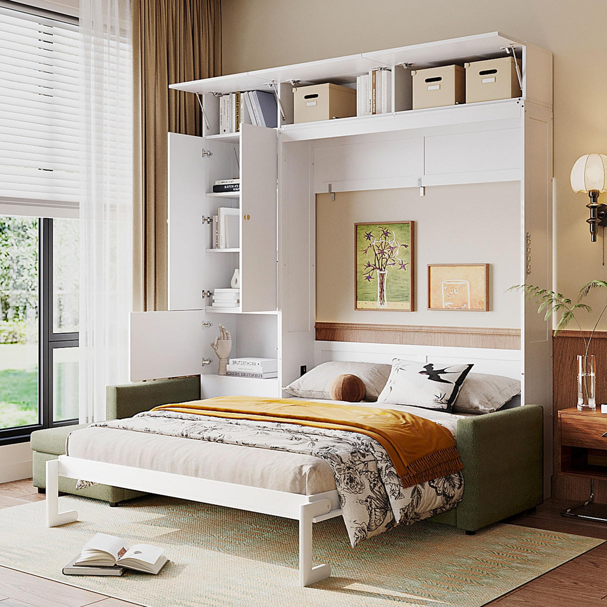 Harper & Bright Designs Queen Size Murphy Bed, Wall Bed with Sofa and Shelves, Green Harper & Bright Designs
