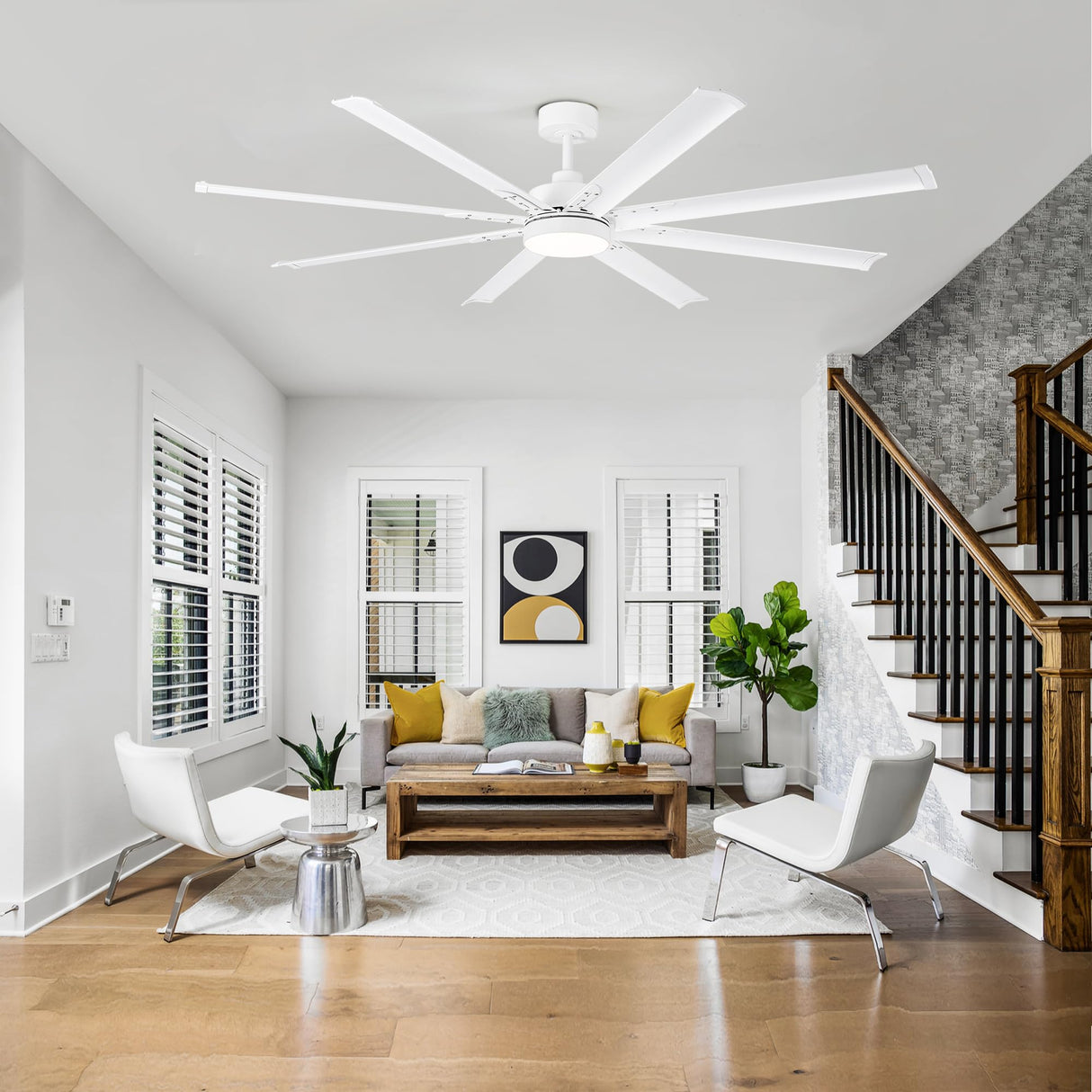 72 inch Ceiling Fans with Lights, Large White Industrial Ceiling Fan with LED and Remote Control, 6 Speeds Reversible DC Motor and 8 Blades Ceiling Fan for Indoor/Outdoor Patio Bedroom Living Room Breezary