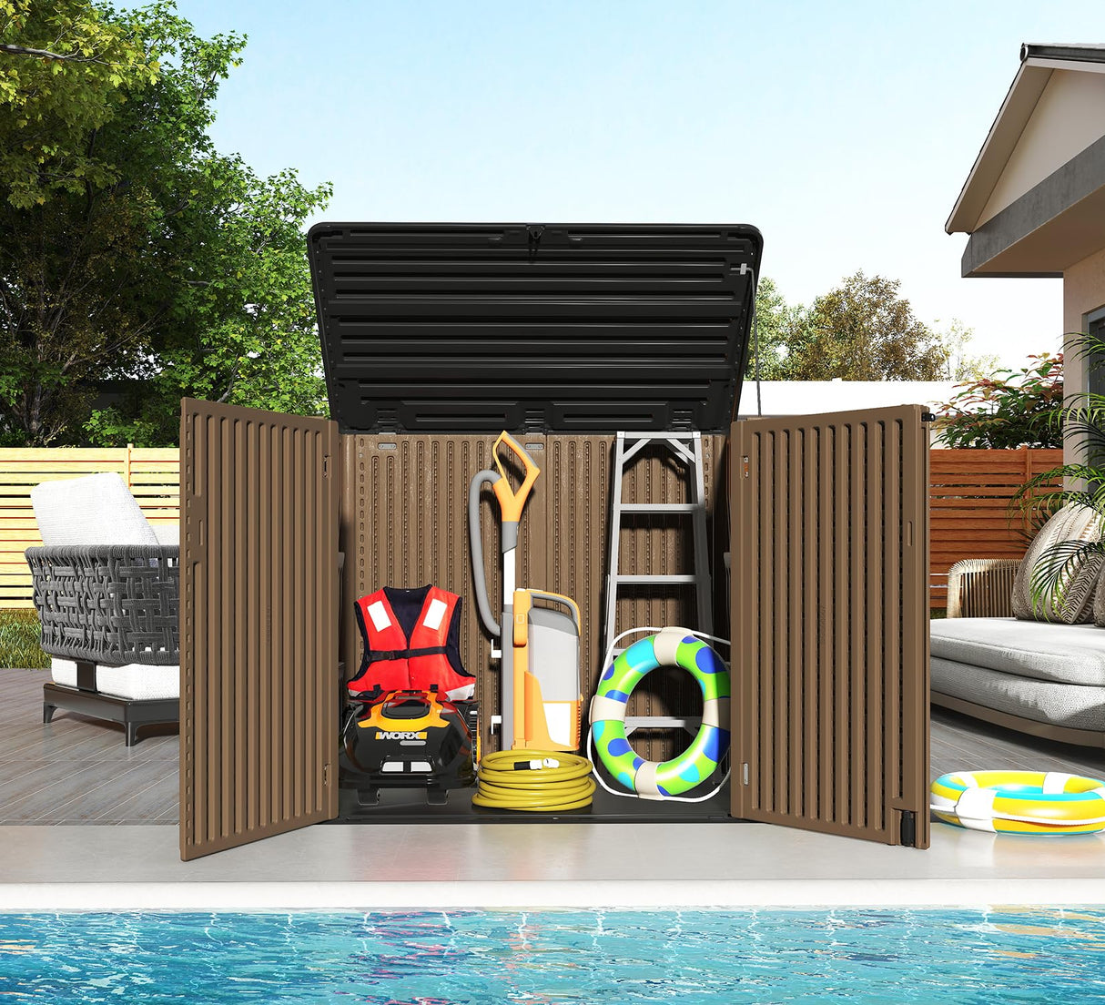 HOMSPARK Storage Shed Weather Resistance, Multi-Purpose Outdoor Storage Cabinet for Backyards and Patios, Horizontal Storage Shed for Lawnmower, Patio Accessories (Brown, X Large - 48 cu.ft) HOMSPARK