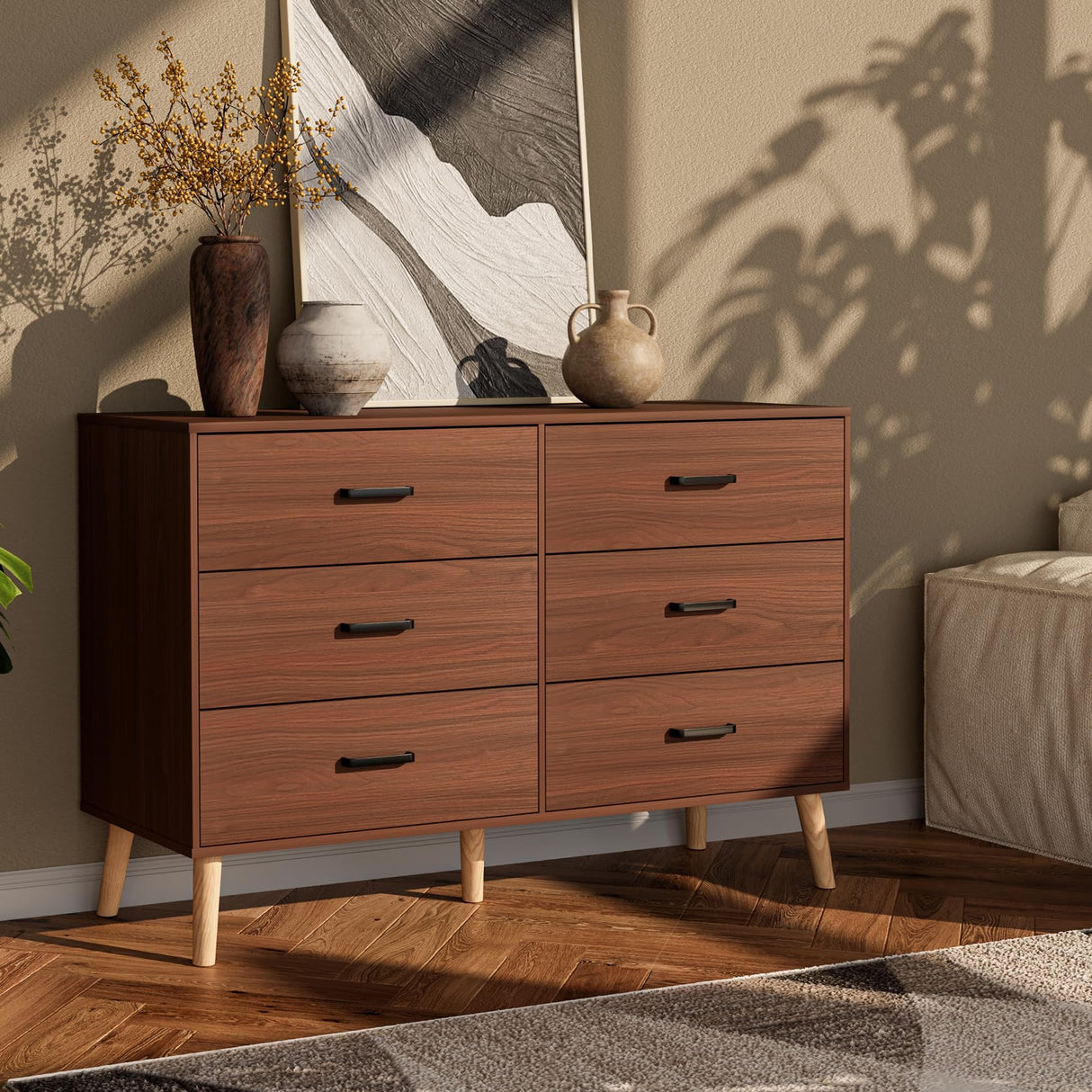 Bigbiglife Wood Dresser for Bedroom with 6 Drawer Mid Century Modern Dresser Double Chest of Drawer (Walnut Brown) Bigbiglife