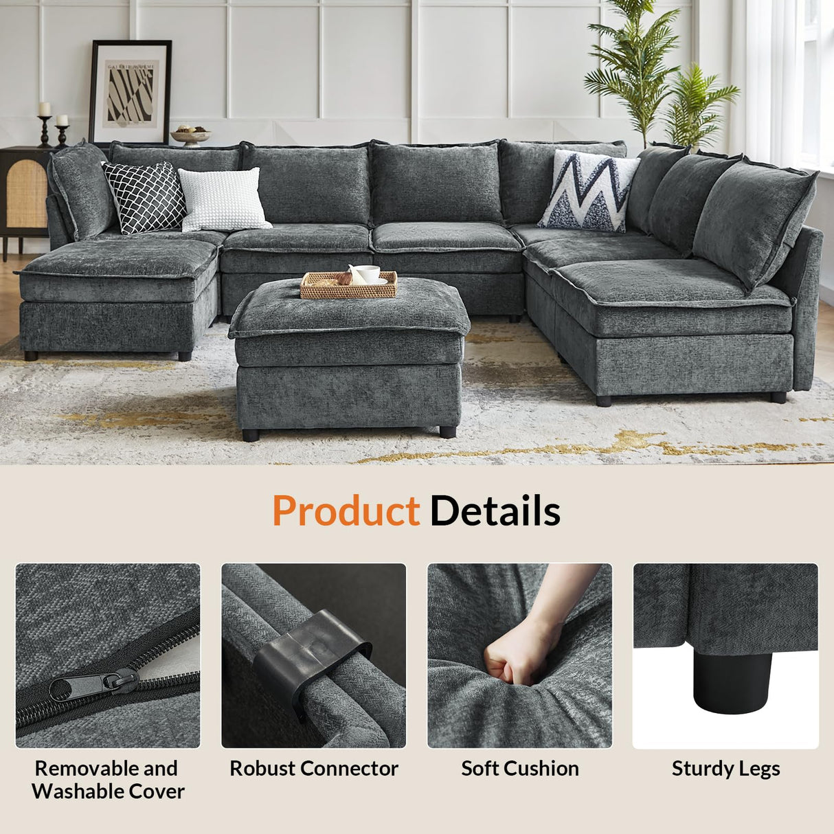 HULALA HOME 127'' Modular Sectional Sofa, Oversized U Shaped Couch with Storage Ottoman, Extra Deep Seat, Modern Comfy Chenille Sofa with Chaise, 6 Seat Convertible Couches for Living Room, Grey HULALA HOME