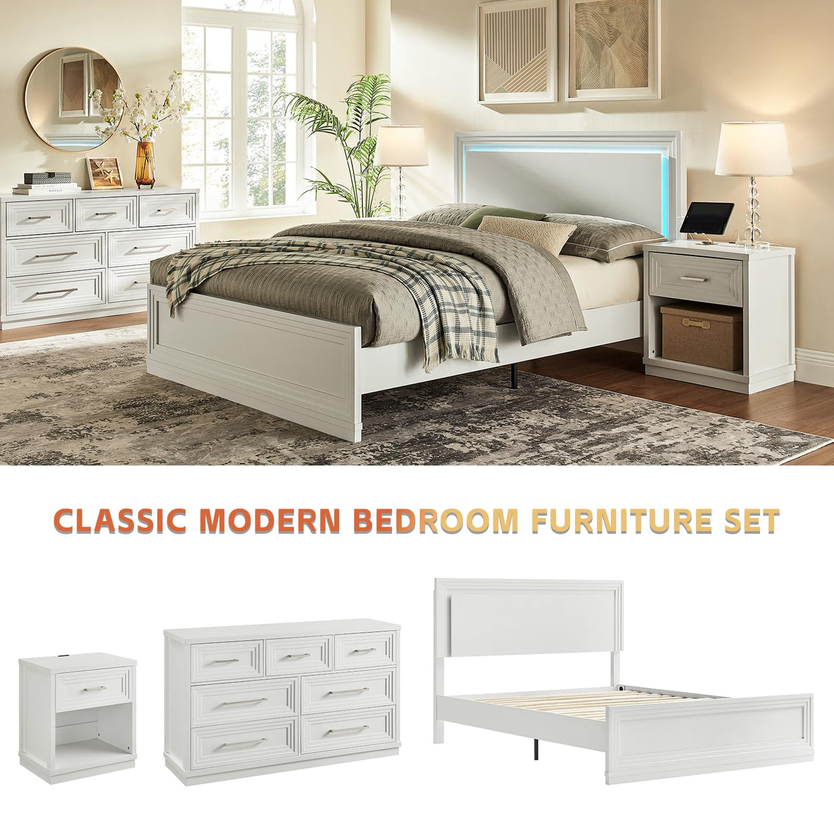 Cherytika Queen Wood Bed Frame with Headboard and Footboard, Farmhouse Queen Bed with RGB LED Light, Wood Slats Support, Noise-Free, Sturdy Structure, Easy Assembly, White Cherytika