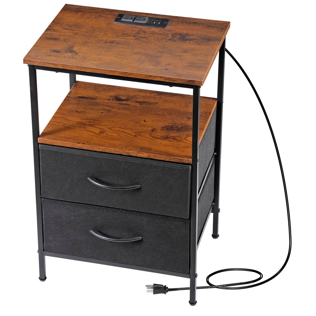 Nouva Nightstands Set of 2 with Charging Station, End Table Side Table Night Stand Bedside Table Furniture w/ 4 Fabric Drawers, USB Ports & Outlets,Metal Frame for Bedroom,Rustic Brown Nouva