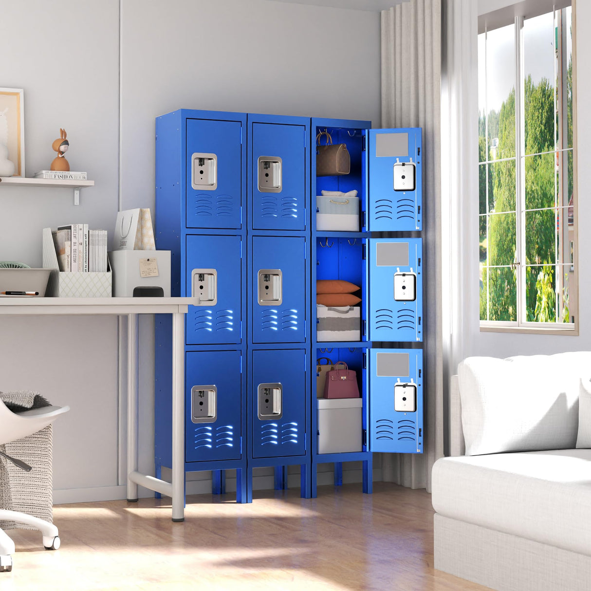 IKIMI 66" Metal Lockers for Employees 3 Tier Storage Locker with Doors and Shelves,Steel Lockable Cabinet with Hooks Gray Tall Locker for School Office Gym Home Garage IKIMI