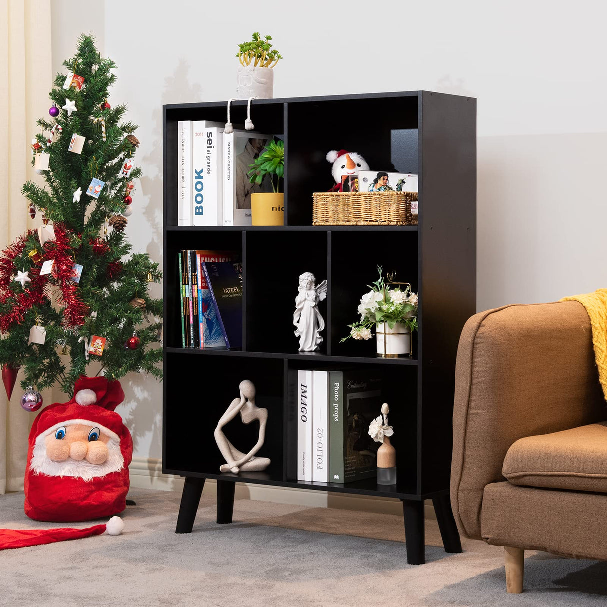 YAHARBO Elegant Black 3-Tier Modern Bookshelf with Legs – Stylish Wooden Cube Organizer YAHARBO