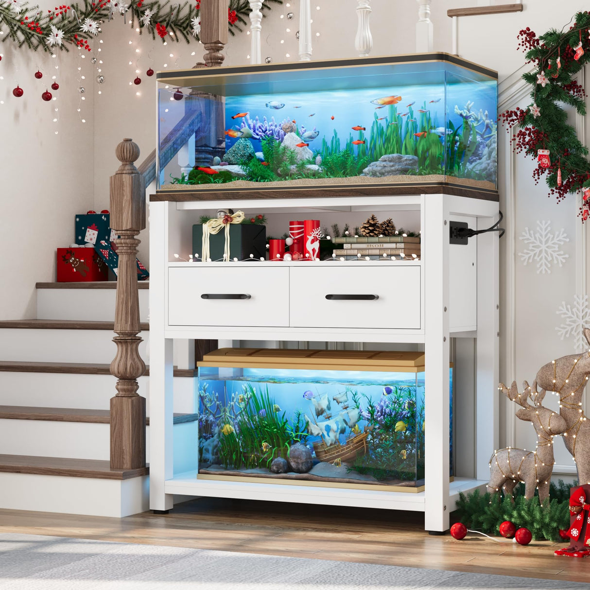 EOSVALO 20-29 Gallon Aquarium Stand with Stable Metal Frame & Power Outlet, Heavy-Duty Fish Tank Stand with Waterproof Mat, 550LBS Capacity Storage Cabinet, White+Brown EOSVALO