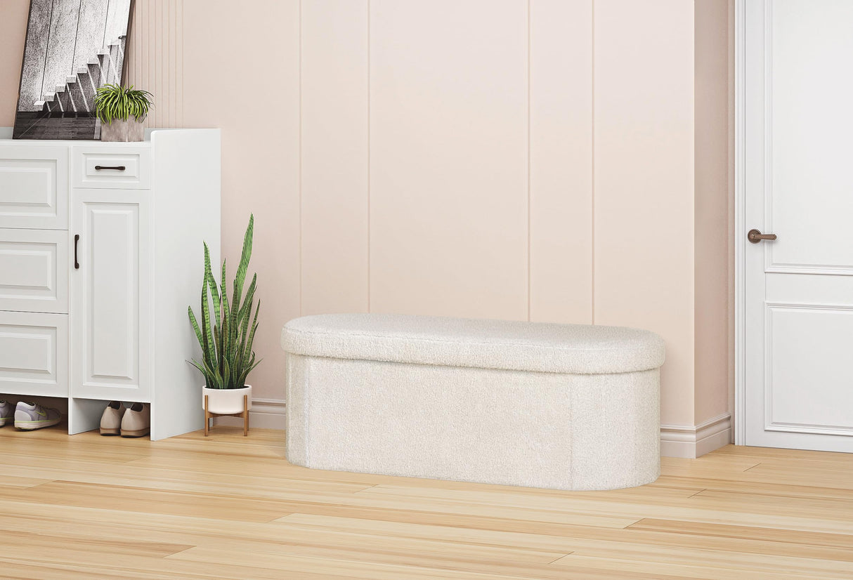 PINPLUS Storage Ottoman Bench Tufted Oval Ottomans Bench Foot Rest, Toy Chest Box Velvet Bench with Storage, 43"x15"x15" (White) PINPLUS