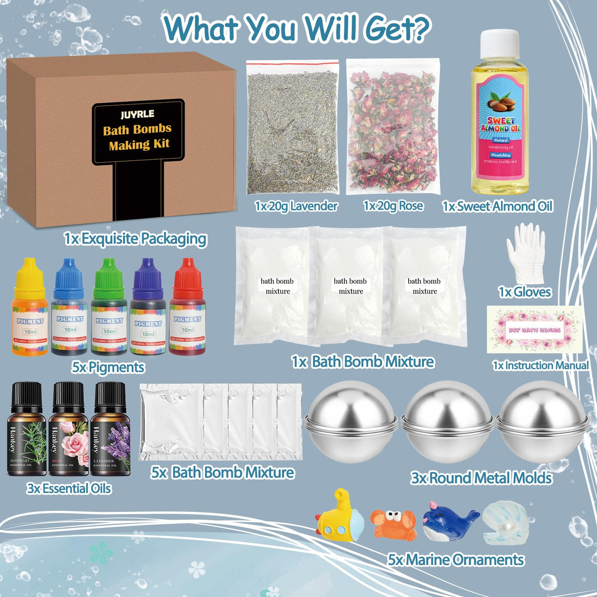 JUYRLE Bath Bomb Making Kit- 30Pcs DIY Bath Bomb Kit for Kids, Make Your Own Spa Set, Shower Craft Kits with Bath Bomb Molds, Soap Making Kits, Bath Bomb Making Supplies Gifts for Girls Women JUYRLE