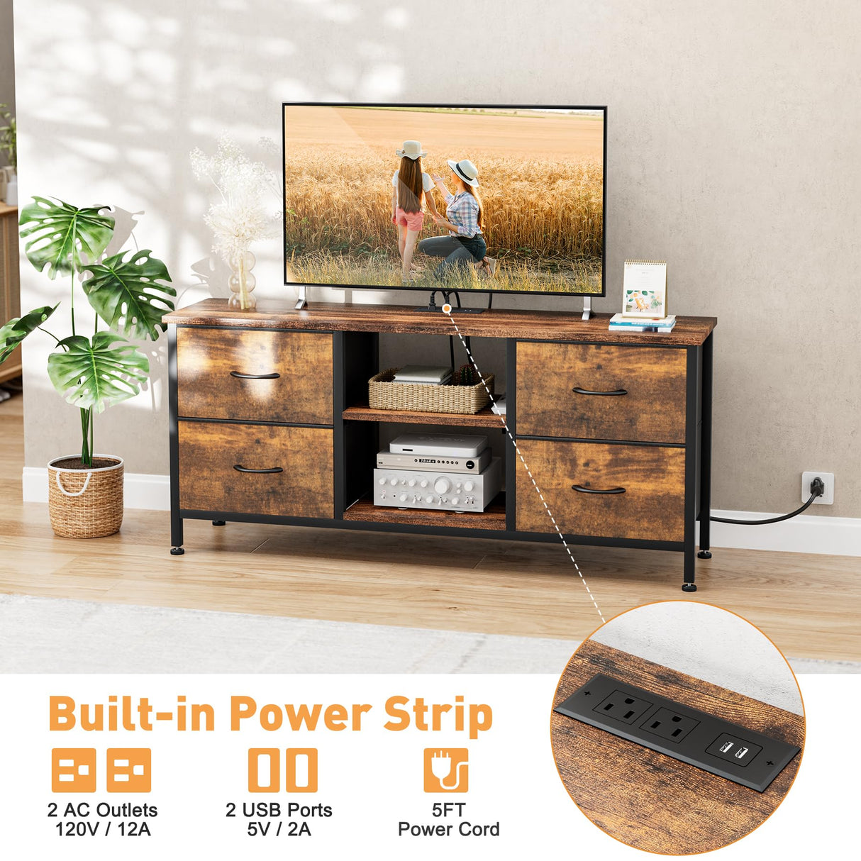 YaFiti TV Stand Dresser for Bedroom, Entertainment Center with Power Outlet for 50" TV, Dressers with 4 Fabric Drawers & Open Shelves for Living Room, Bedroom, Entryway, Rustic Brown YaFiti