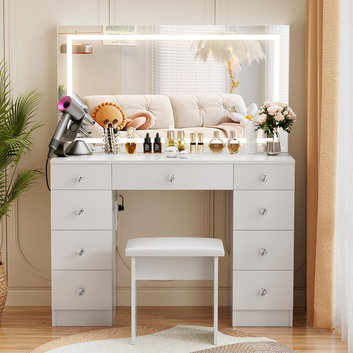 VOWNER Vanity with Lighted Mirror - Makeup Vanity Desk with Power Outlet and 9 Drawers, 3 Color Lighting Modes Adjustable Brightness, 43" Vanity Table with Soft Cushioned Stool for Bedroom, White VOWNER