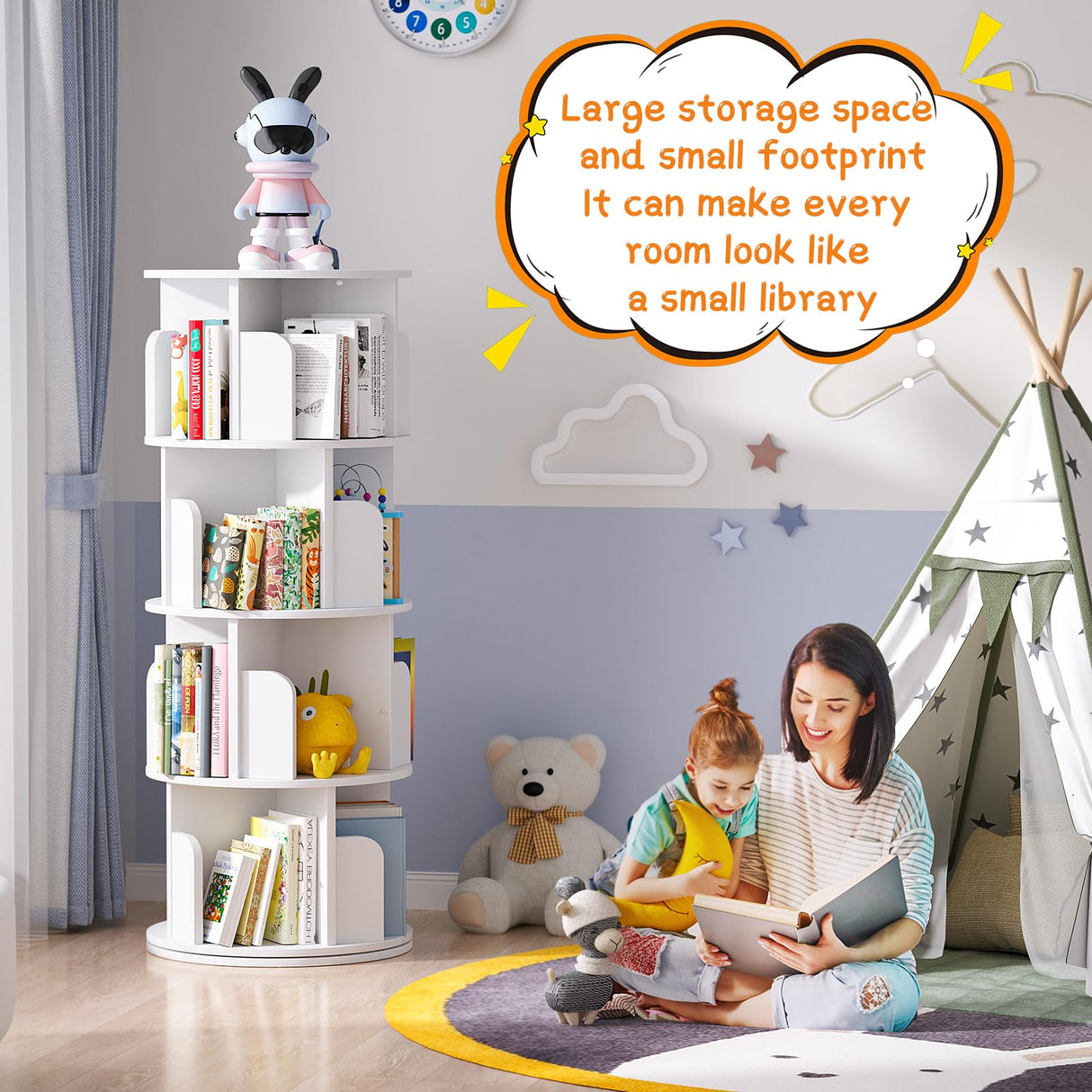 Besiost Rotating Bookshelf, Wood Corner Bookshelf, 360 Display Spinning Bookcase Storage Rack, 4 Tier Floor Standing Revolving Bookcase Narrow Book Shelf Organizer for Small Space, Bedroom, White Besiost