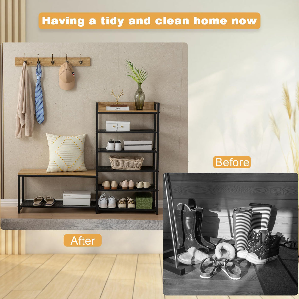 SUNTAGE 6-Tier Coat Rack Shoe Bench Set, Entryway Bench with 6 Hooks Coat Rack, Hall Tree with Bench and Shoe Storage for Entryway, Hallway, Garage, Bedroom (Vintage Oak) SUNTAGE