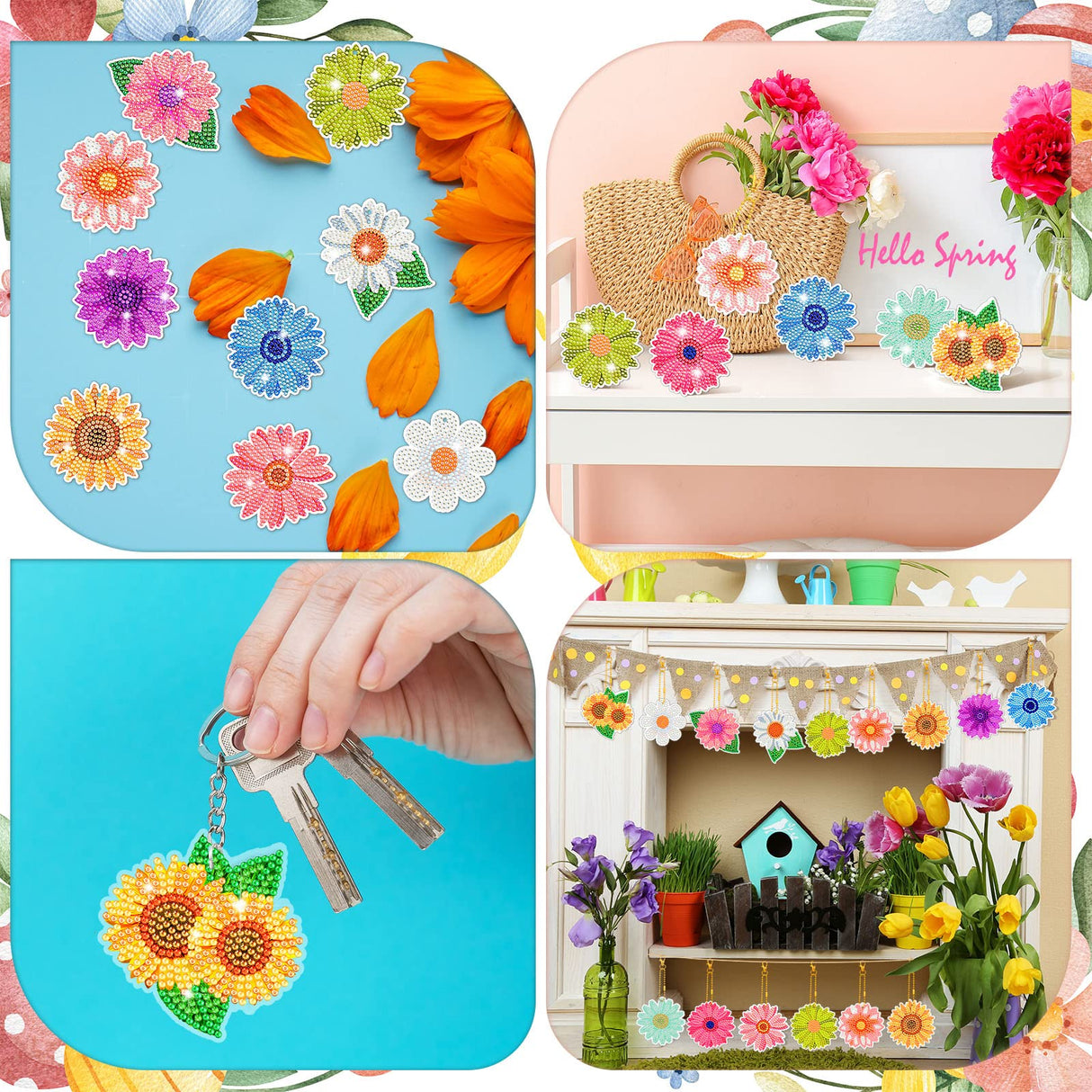 Bucherry 12 Pcs Flowers Diamond Painting Keychains 5d Spring Diamond Art Key Rings Sunflower Hanging Ornaments for DIY Craft(Rustic Style) Bucherry