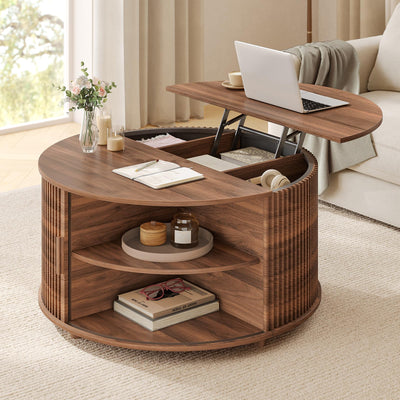 Round Lift Top Coffee Table, 34.6" Modern Coffee Table with 180° Curved Sliding Door, Fluted Accent Coffee Tables with Hidden Storage and Open Shelves, for Living Room, Office, Walnut