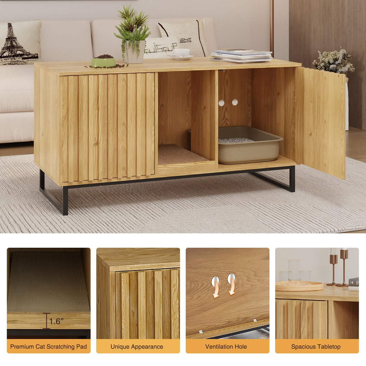 Fienveorn Cat Litter Box Enclosure for 2 Cats, 47.6’’ Litter Box Furniture Hidden with Cat Scratch Pad, Double Room Large Cat Cabinet, Indoor Cat House TV Stand Side Table,Cat Washroom Halitaa