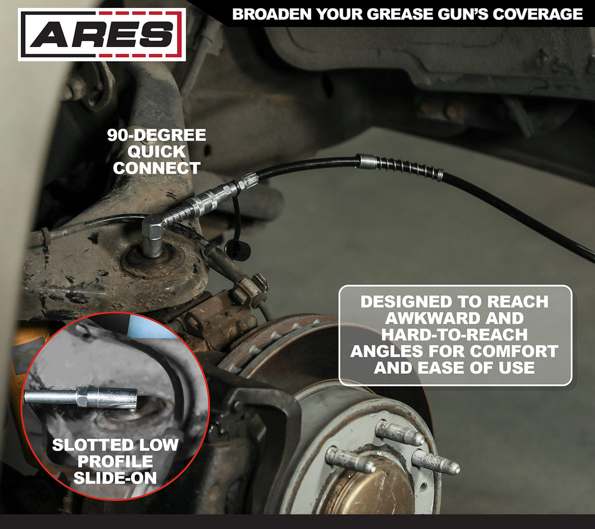 ARES 54017 – 2-Piece Grease Gun 90-Degree Adapter Set – Includes Quick Connect Coupler Style and Quick Connect Slide-On Style Adapters ARES