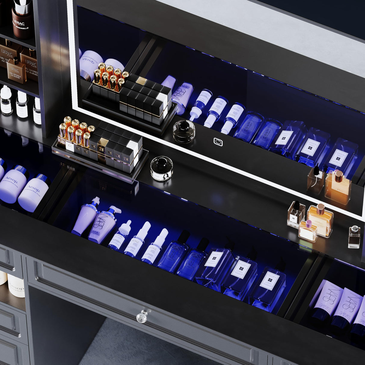 Wildhome Vanity Desk with Mirror and Lights, Glass Top Dressing Table with 9 Drawers, Makeup Vanity with Storage Bench, European Style Vanity, Adjustable Brightness Vanity for Bedroom(Black) Wildhome