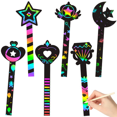 WATINC 30Pcs Fairy Stick Scratch Paper Art Set for Girls Birthday Party, Colorful DIY Craft Kit for Princess Party Favors, Fairy Wand Supplies, Fun Home Activities, Birthday Gifts for Kids