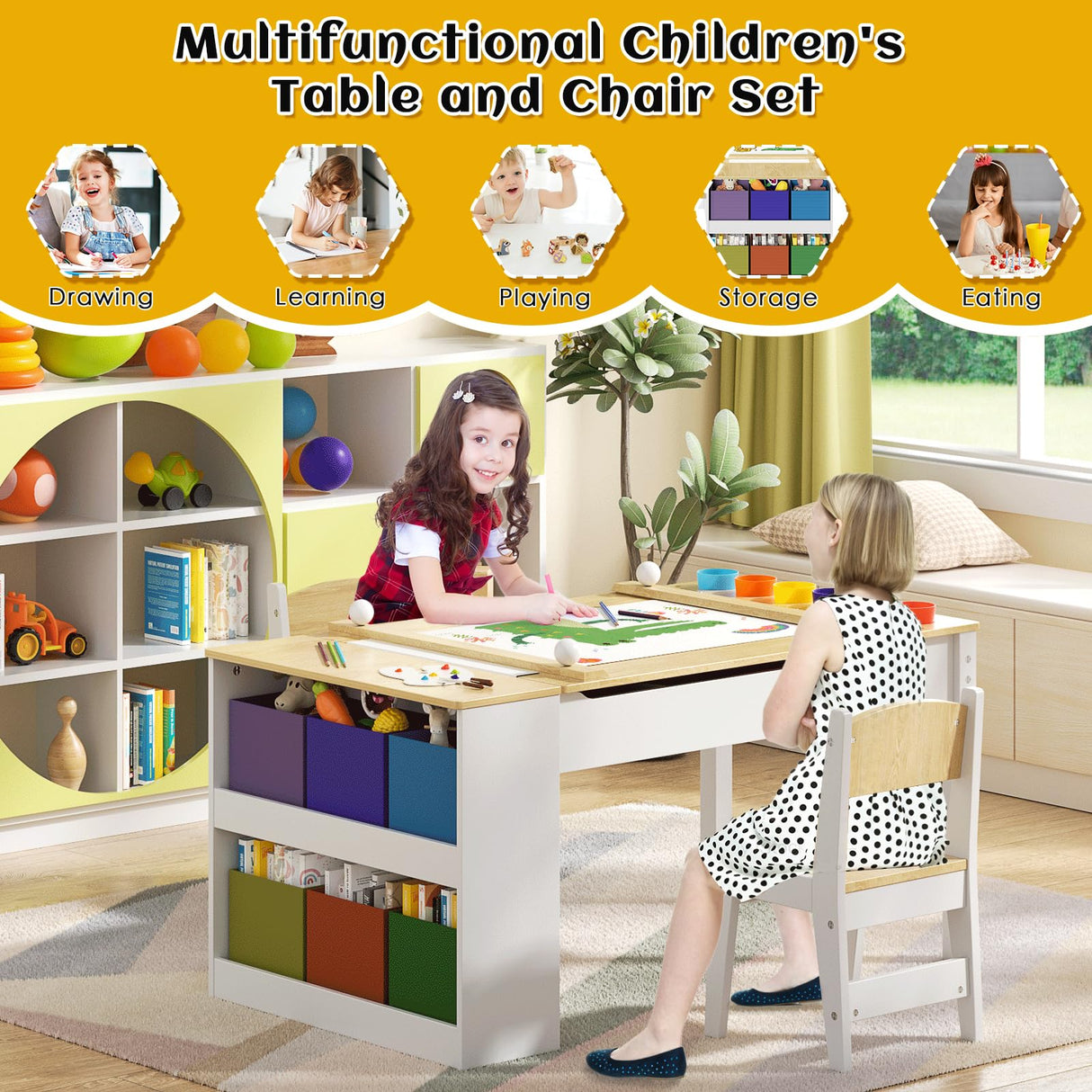 ROOMTEC 2-in-1 Kids Table and Easel Chair Set, Toddler Craft Play Wood Activity Desk with Storage Bins & Paper Roll for Art, Drawing, Reading, Playroom, White, OneSize ROOMTEC