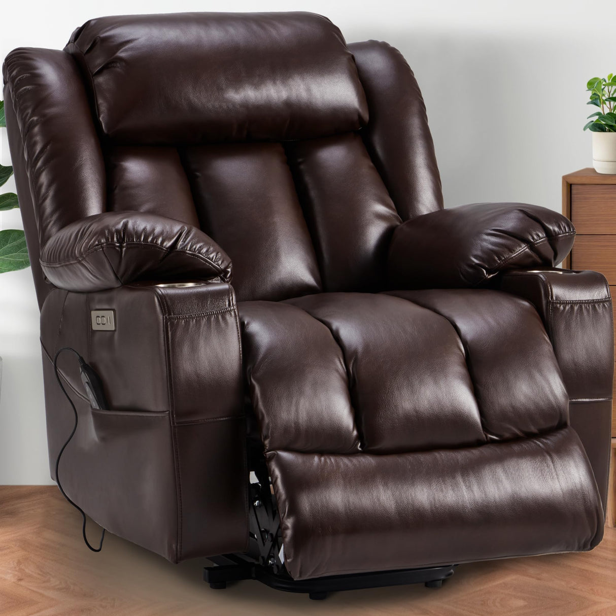 Outspurge Power Lift Recliner Leather Chair Sofa with Massage & Heat, Lazy Boy Chair with Cup Holders, USB & Type-C Ports, Remote Control (Brown) Outspurge