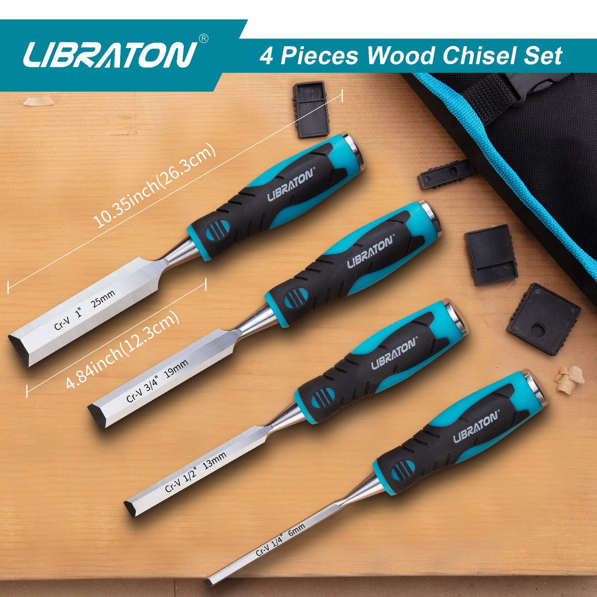 Chisel Set, Wood Chisel Set, Wood Chisel Tool Set for Woodworking, Wood Chisels, Chrome Vanadium Steel Chisel with Storage Pouch, 1/4"(6mm), 1/2"(13mm), 3/4"(19mm), 1"(25mm) LIBRATON