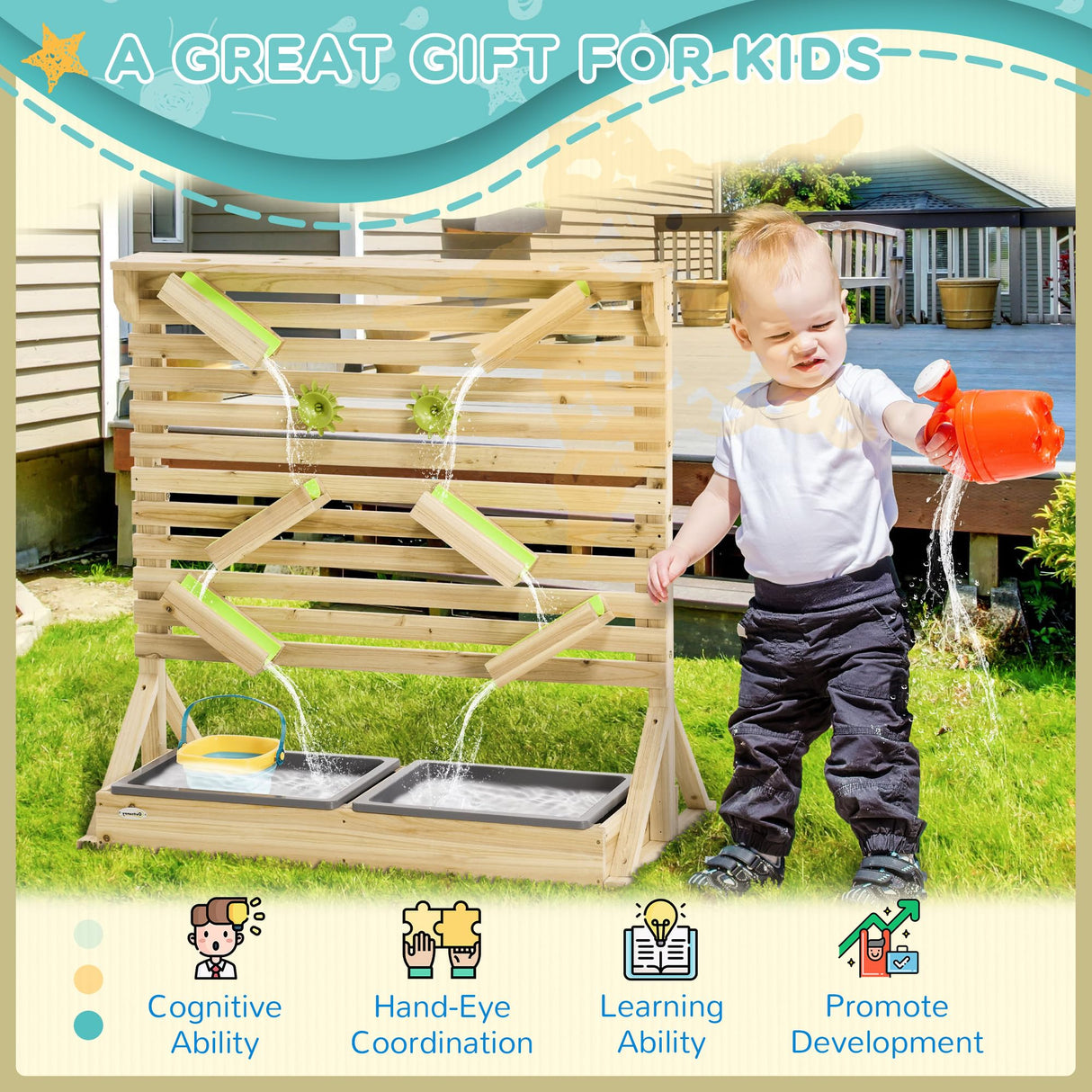 Outsunny 18Pcs Sand and Water Playset for Kids, Wooden Sandbox with Rearrangeable Falling Network Maze, Baby Sensory Toy Outdoor Toys for Summer Activity, Aged 3-7 Years Outsunny