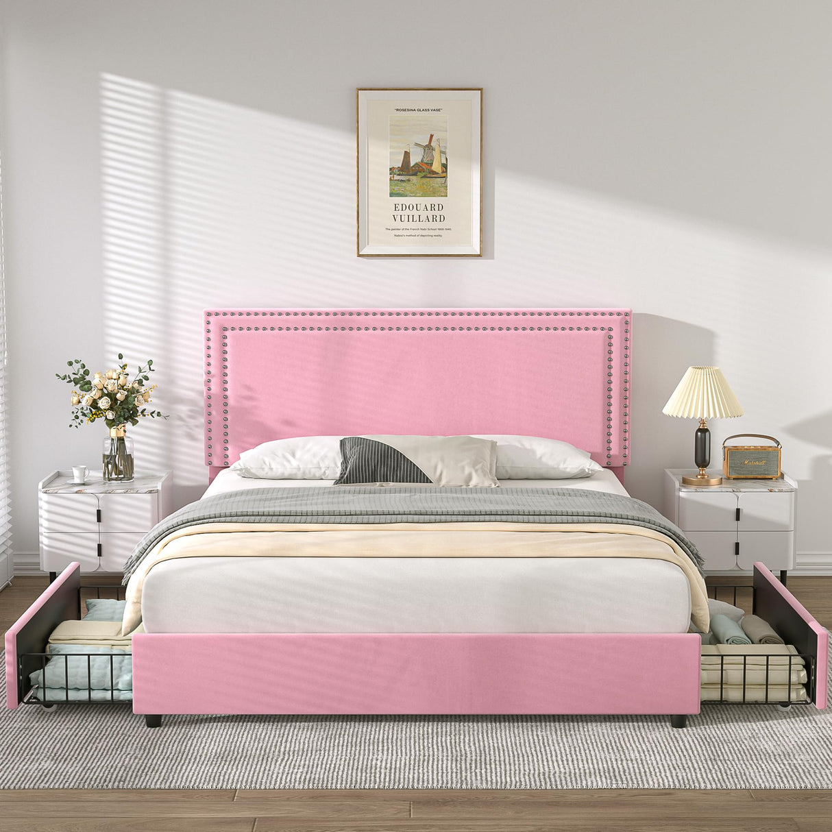 VECELO Queen Size Upholstered Platform Bed Frame with 4 Storage Drawers, Adjustable Velvet Rivets Headboard, Wooden Slats Support, No Box Spring Needed, Easy Assembly VECELO
