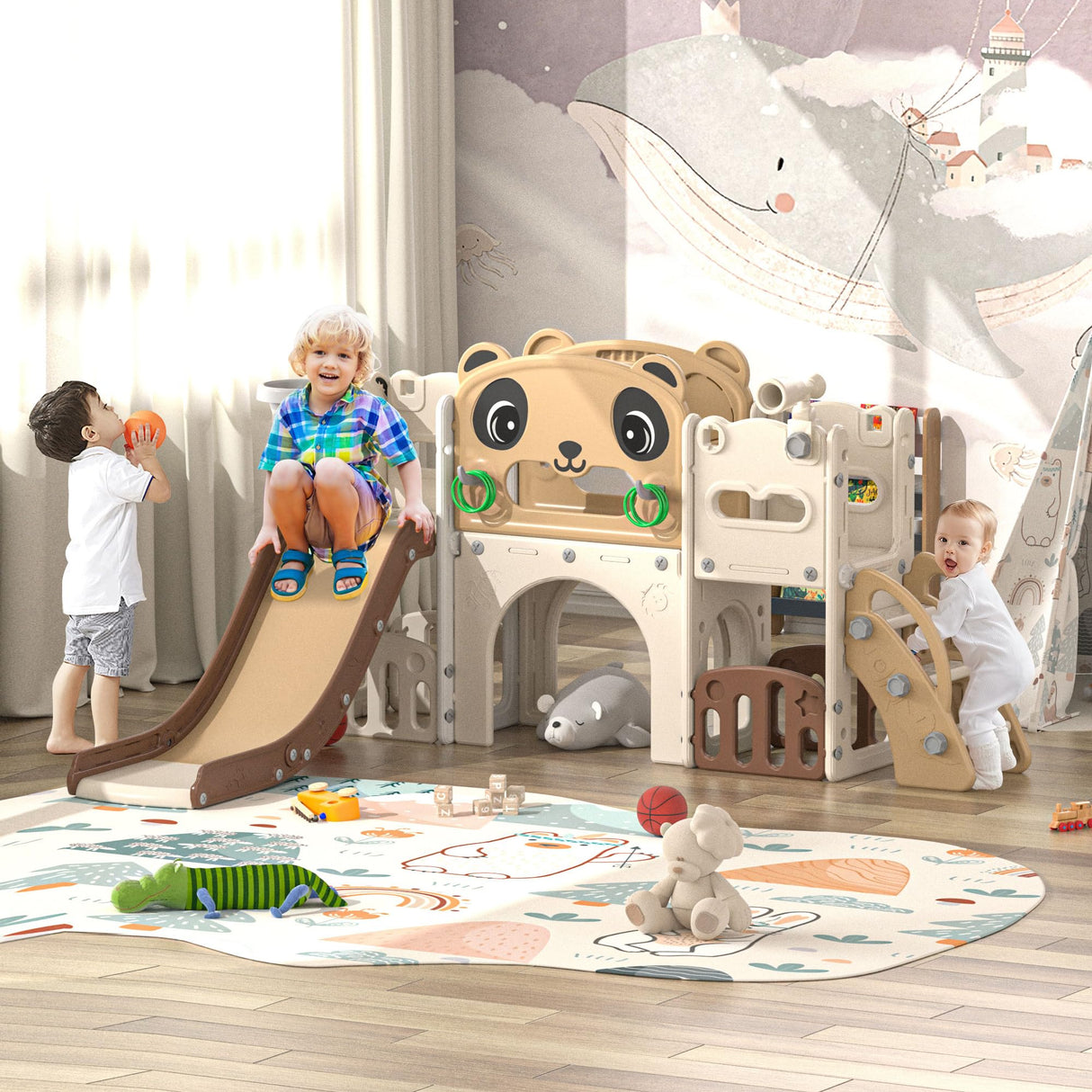 NYEEKOY 9-in-1 Toddler Slide and Climber Set Indoor Outdoor Slide Playset for Kids Age 1-8, Freestanding Backyard Playground with RNG Toss, Basketball Hoop,Telescope, Storage Space Nyeekoy