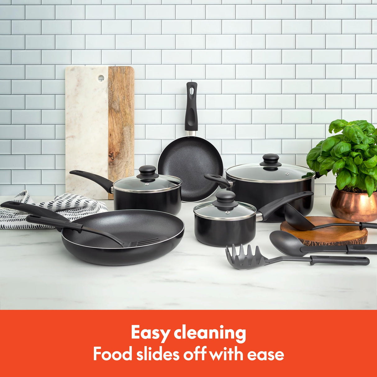 bella Cookware Set, 12 Piece Pots and Pans with Utensils, Nonstick PFOA Free Scratch Resistant Cooking Surface Compatible with All Stoves, Nylon and Aluminum, Black BELLA