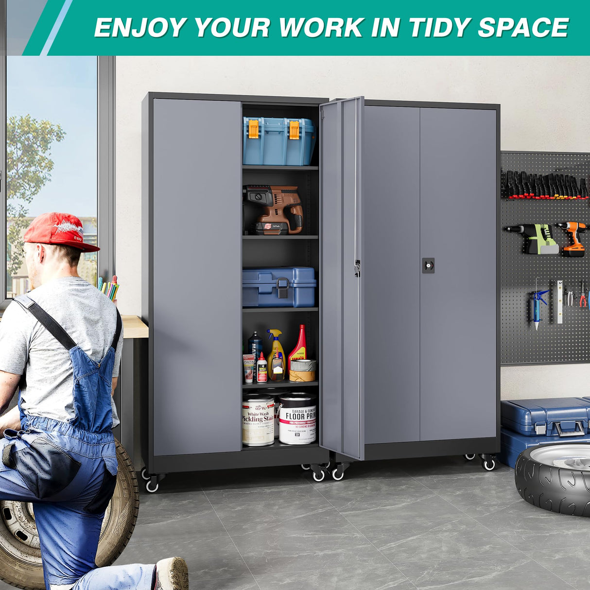 SISESOL Metal Storage Cabinet with Wheels,75 inch Rolling Garage Storage Cabinet with Lock,Gray Metal Cabinets with Wheels and Shelves,Tall Tool Cabinets on Wheel for Garage,Home,Office,Shop SISESOL