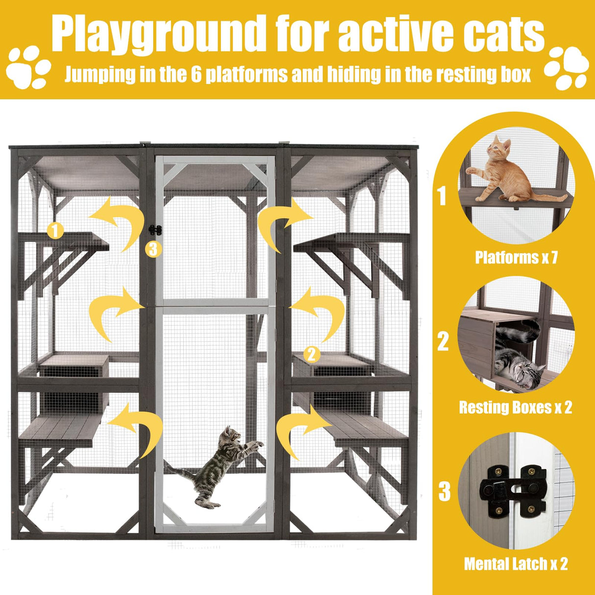 Gowoodhut Outdoor Catio Cat Enclosures - Wooden Cat House Weatherproof with Multi Platforms & Lounge Boxes, Indoor Interoperability - 71 Inch Gowoodhut