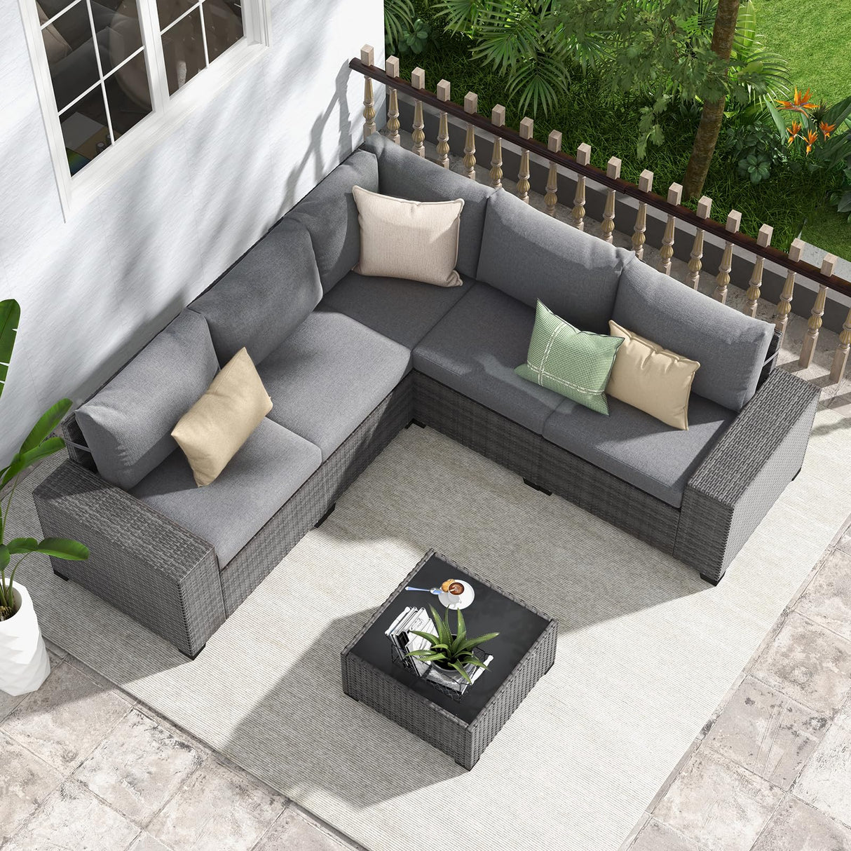 JOIVI 6 Pieces Outdoor Patio Furniture Set, Rattan Patio Sectional Sofa Conversation Set with Coffee Table, PE Wicker L-Shaped Sofa Set with Cushions for Garden, Backyard, Deck, Gray JOIVI