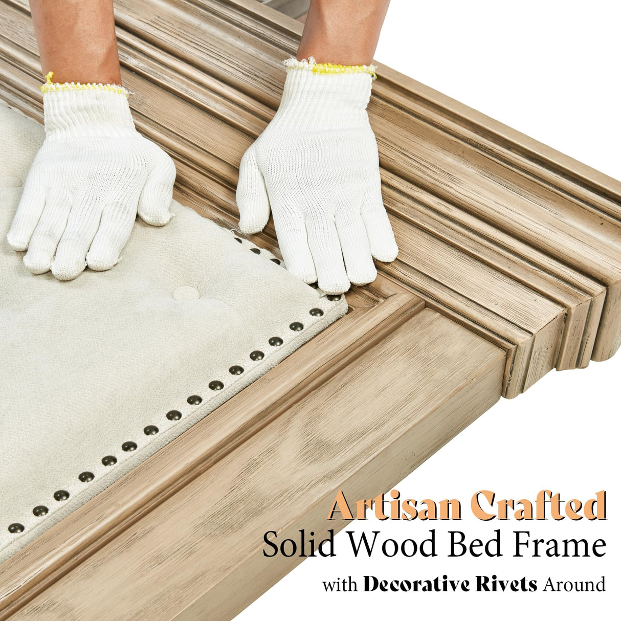 AMERLIFE 68.1" H King Size Bed Frame with Upholstered Headboard, Solid Wood Farmhouse Platform Bed, Architectural Design, No Box Spring Needed, Light Oak AMERLIFE