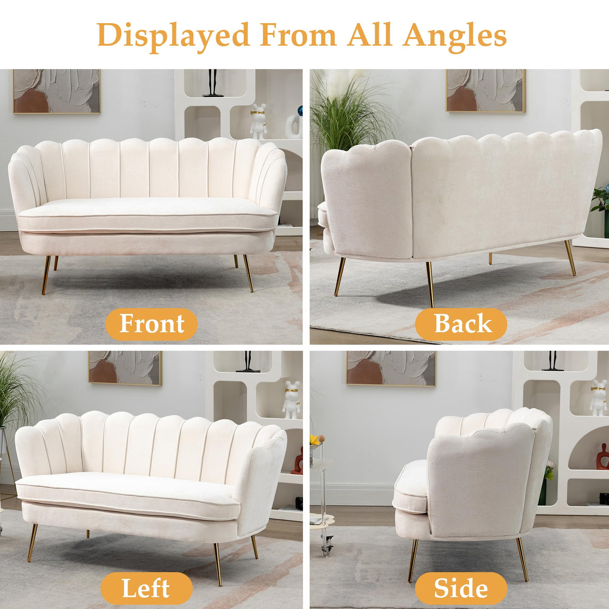 DWOYFO 59” Small Modern Chenille Loveseat Sofa, 2-Seater Sofa with Gold Metal Legs, Small Couch with Flower Shaped Back for Living Room Bedroom Office (Beige & Chenille) DWOYFO