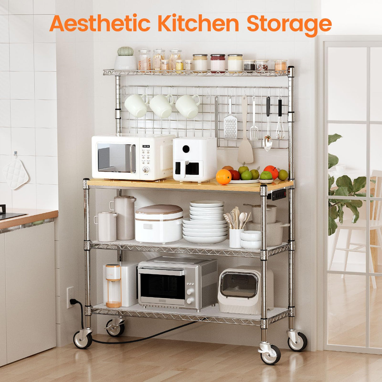 Leteuke Bakers Rack with Power Outlet & Storage, 36 Inch Microwave Stand Kitchen Cart, 4-Tier Metal Kitchen Shelves Cart with Wheels & 20 S-Hooks for Kitchen, NSF Certified, 63 x 18 x 36 Inch-Chrome Leteuke