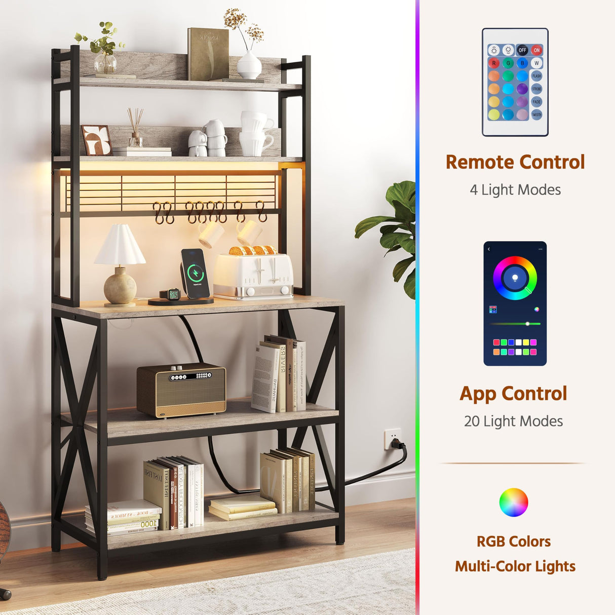 Yaheetech Kitchen Bakers Rack with Power Outlet & LED Lights, 5 Tiers Coffee Bar Table with 8 S Hooks, 64 Inches Tall Microwave Oven Stand with Storage for Spices, Pots, Gray Yaheetech