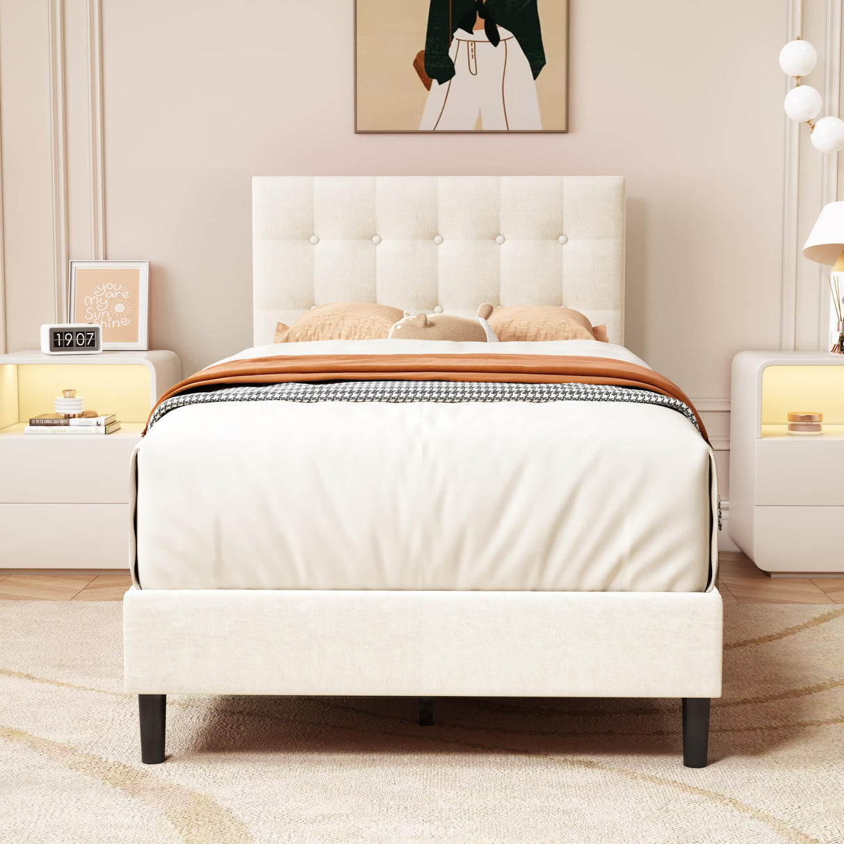 alazyhome Twin Size Upholstered Platform Bed Frame with Button Tufted Velvet Headboard Wood Slat Support Easy Assembly No Box Spring Needed Beige alazyhome