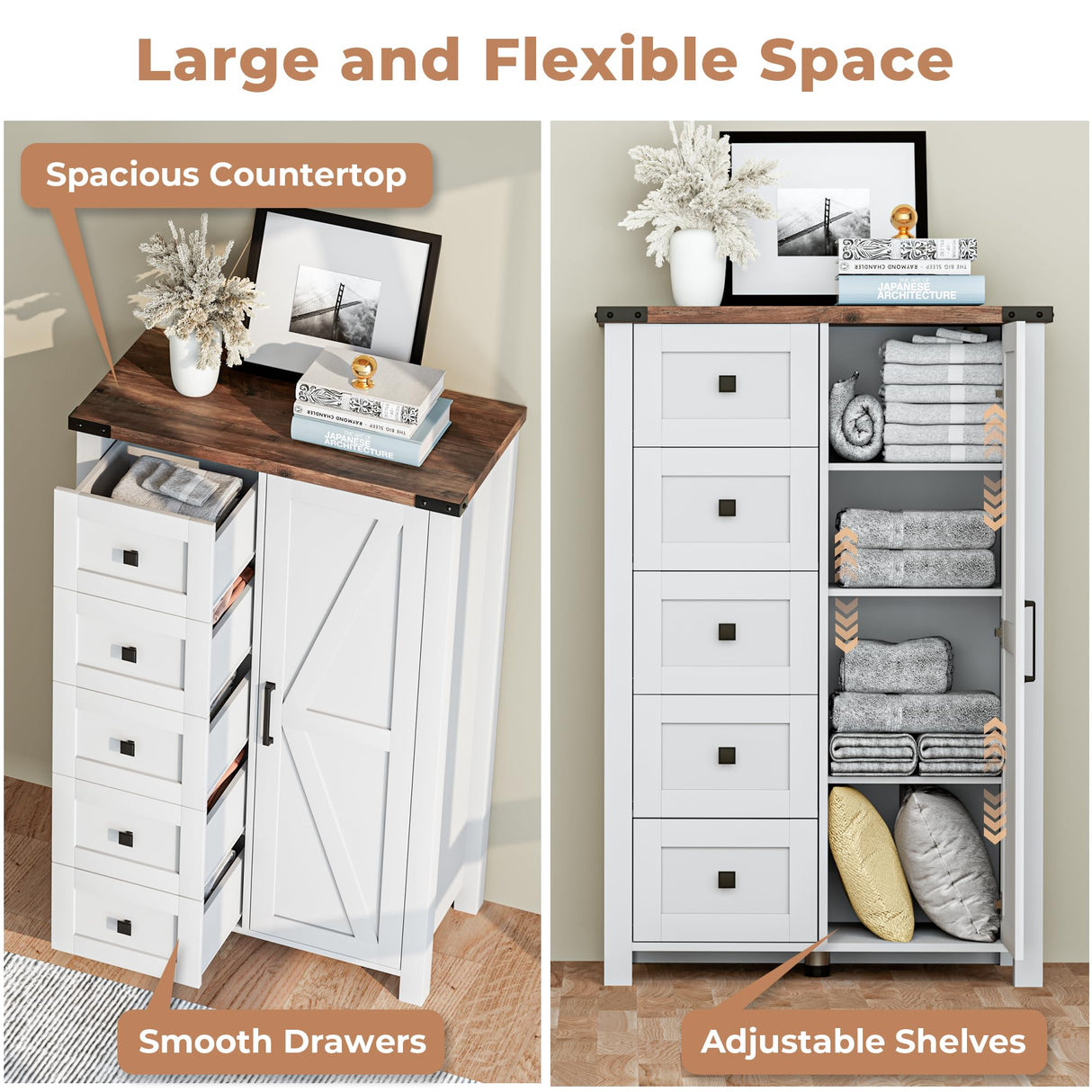 VVFLU Farmhouse Dresser Storage Cabinet Chest of Drawer for Bedroom, 5 Drawer Dresser with Barn Door, 48 Inch Tall White Wood Dresser, Adjustable Shelves, Rustic, for Living Room, Entryway, Hallway VVFLU